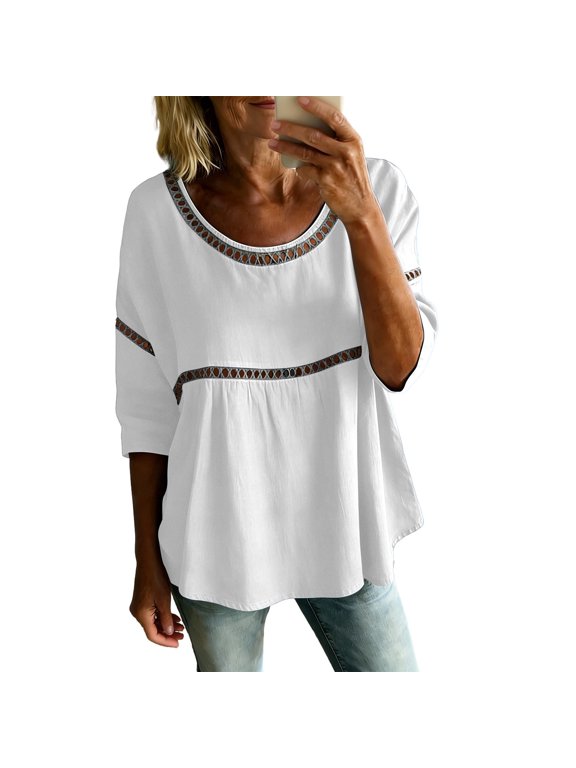 Women's 3/4 Sleeve Blouses Lace Patch Design Round Neck Loose Fit Casual Tops Trendy Spring Summer 2026 Dressy Work Shirts Daily Commute, White, S