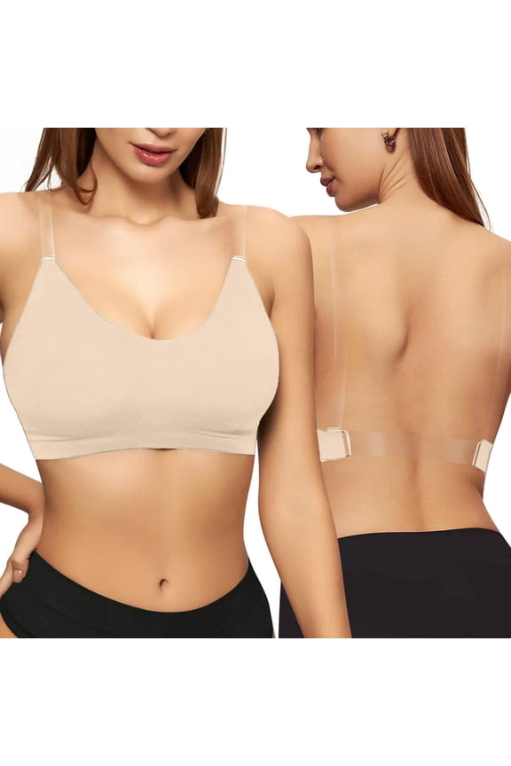 Women's Backless Bra Wireless Seamless Invisible Ice Silk Bra with Removable Padding Soft Lightweight Low Back Open Back Bra Adjustable Convertible Straps for Backless, Khaki,S
