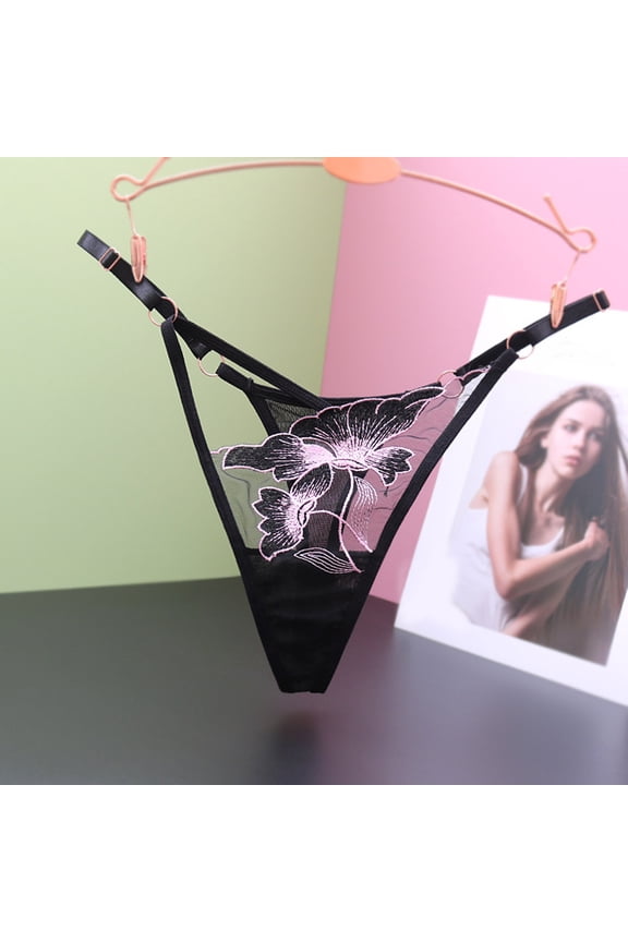 Women’s Breathable Mesh Thong Underwear Seamless Lace Jacquard Thin Strap Panties No Show Invisible with Cotton Gusset Multipack S-XXL, Black,One Size