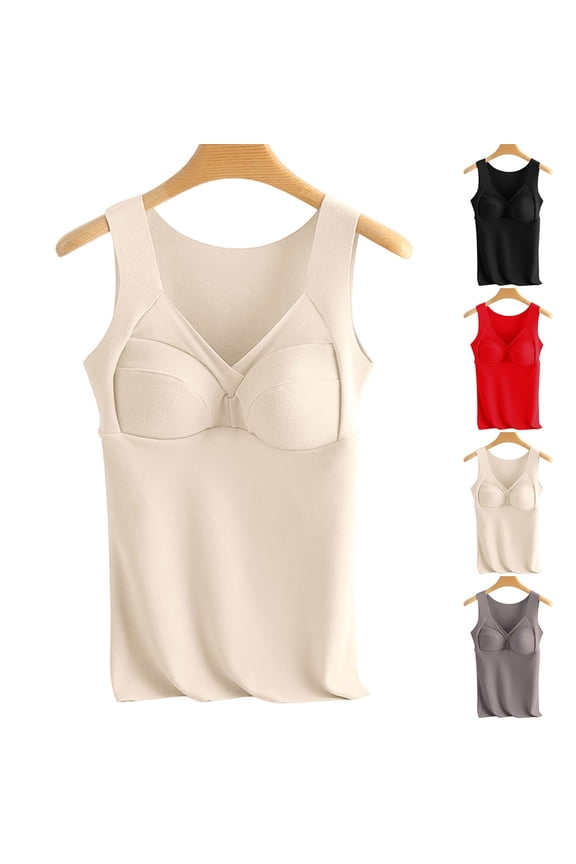 Women's Built-in Bra Tank Top Padded Camisole Wireless Vest Top with Removable Cups Base Layer Sleeveless Cami Bra Alternative for Going Out, Beige,XXL
