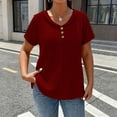 thumbnail image 1 of Siminsem Women's Casual Loose Fit V Neck Tunic Top Textured Short Sleeve Pullover with Button Decor Dressy Blouse Cute Lightweight Top for Spring and Summer, Wine, 3XL, 1 of 5