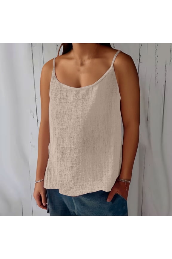Women's Cotton Linen Tank Top 2026 Summer Sleeveless Spaghetti Strap Loose Fit Camisole Basic Casual Shirts Lightweight Beach Vacation Tops Daily Wear, Beige, XL