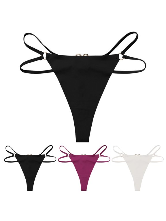 Women's Double Strap Thong Panties Love Ring Buckle Seamless Ice Silk Underwear Low Rise Breathable Stretchy No Show Multipack S-XXL, Black,L
