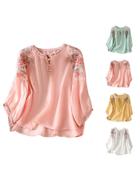 Women's Embroidered Sleeve Cotton Top – Loose Fit Doll Blouse with Floral Stitching, Casual Short Sleeve Blouse for Summer, Trendy Going Out Top, Pink, L