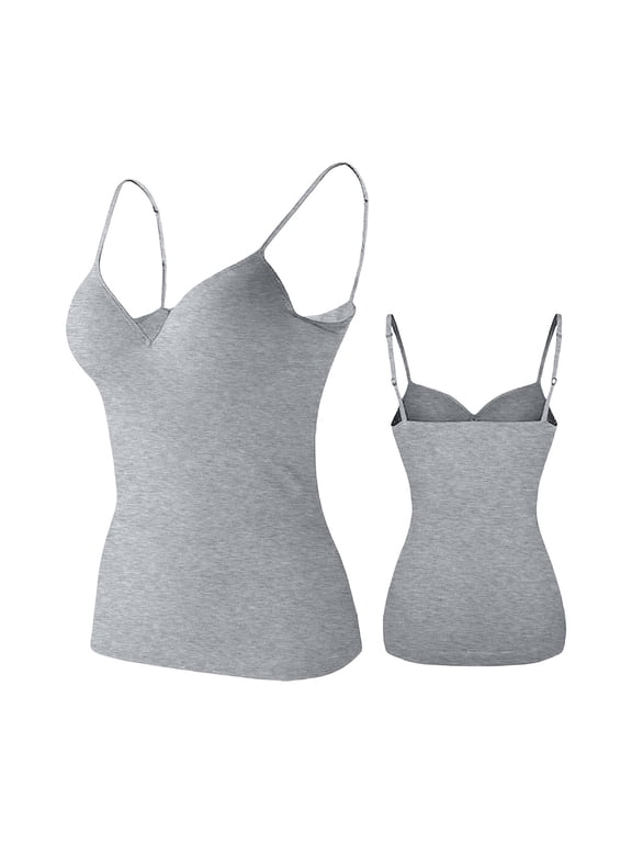 Women's Shelf Bra Camisole with Built in Bra Adjustable Spaghetti Strap Scoop Neck Sleeveless Cotton Tank Top Wireless Undershirt Layering Cami, Light Ashy,XL
