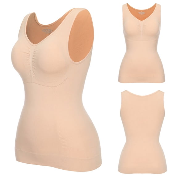 Siminsem Women's Tummy Control Shapewear Tank Top with Built in Bra Seamless Compression Camisole Body Shaper Scoop Neck Sleeveless with Removable Padded Cups, Beige,XXXL
