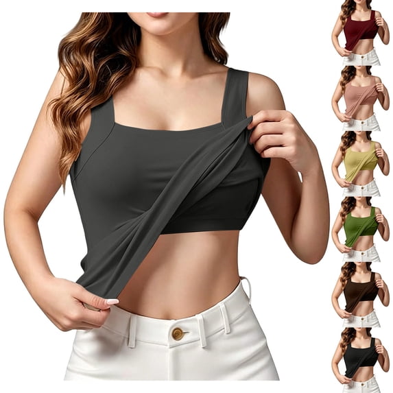 Siminsem Women's Wide Strap Shelf Bra Tank Top with Built in Bra Cotton Tummy Control Shaper Camisole Adjustable Straps Scoop Neck Light Support Layering Cami, Black,L