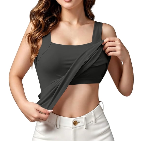 Siminsem Women's Wide Strap Shelf Bra Tank Top with Built in Bra Cotton Tummy Control Shaper Camisole Adjustable Straps Scoop Neck Light Support Layering Cami, Grey,M