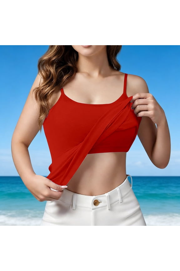 Women's Wirefree Padded Camisole Built in Bra Cotton Tank Tops for Yoga Softball Shirts Breathable Layering Undershirt with Removable Cups for Daily Wear, Red, 3XL