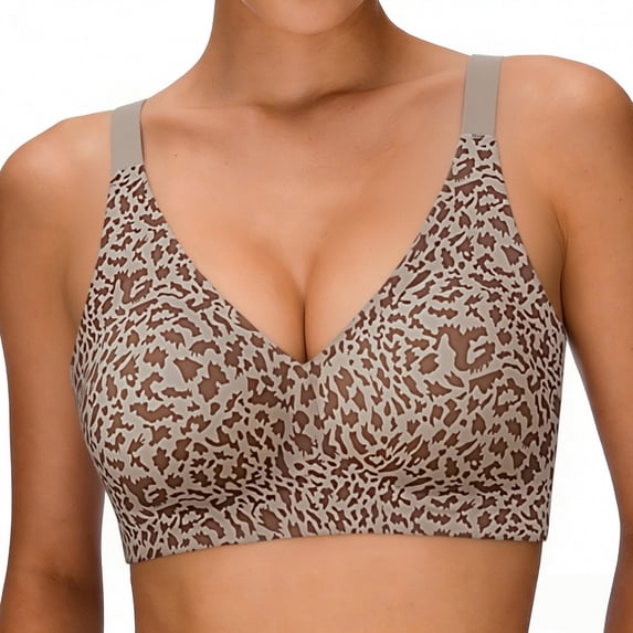 Siminsem Women's Wireless Jelly Bra Seamless Push Up Full Coverage Leopard Print No Underwire Comfortable T-Shirt Bra Adjustable Straps Everyday Bralette Sleep Support, Coffee,M