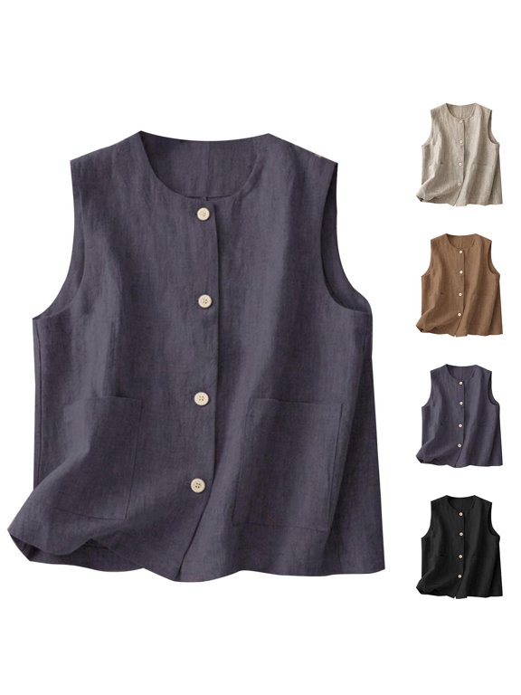 Womens 2026 Summer Linen Blend Sleeveless Top V Neck Loose Fit Solid Retro Casual Tee Tank Tunic Cotton Blouse Vintage Versatile Layering Vest, Grey, L