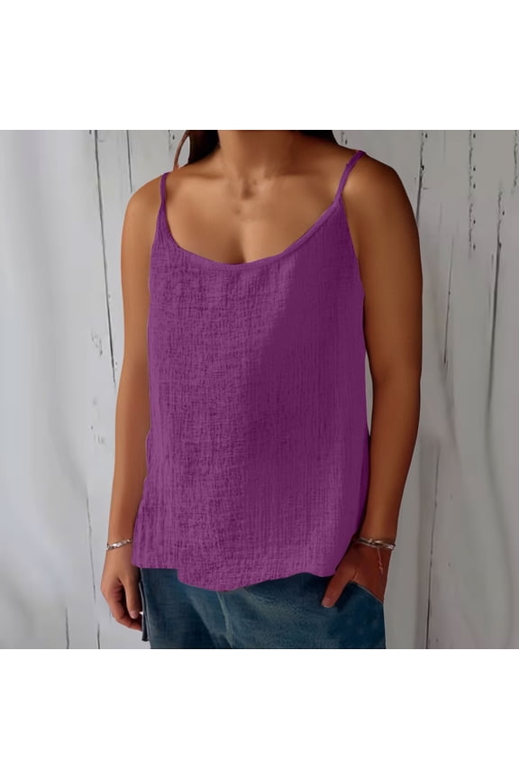 Womens 2026 Summer Loose Fit Spaghetti Strap Tank Top Cotton Linen Sleeveless Basic Camisole Casual Shirts Lightweight Breathable for Beach Vacation Travel, Purple, S
