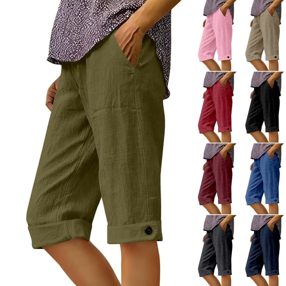 Siminsem Womens Cotton Linen Five Point Shorts High Waisted Cuffed Bermuda Shorts with Pockets Drawstring Elastic Waist Summer Casual Travel Beach Lounge Pants, Blackish Green, L