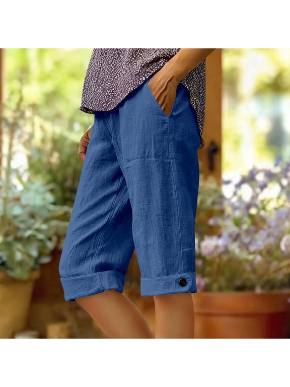 Womens Cotton Linen Five Point Shorts High Waisted Cuffed Bermuda Shorts with Pockets Drawstring Elastic Waist Summer Casual Travel Beach Lounge Pants, Dark Blue, L