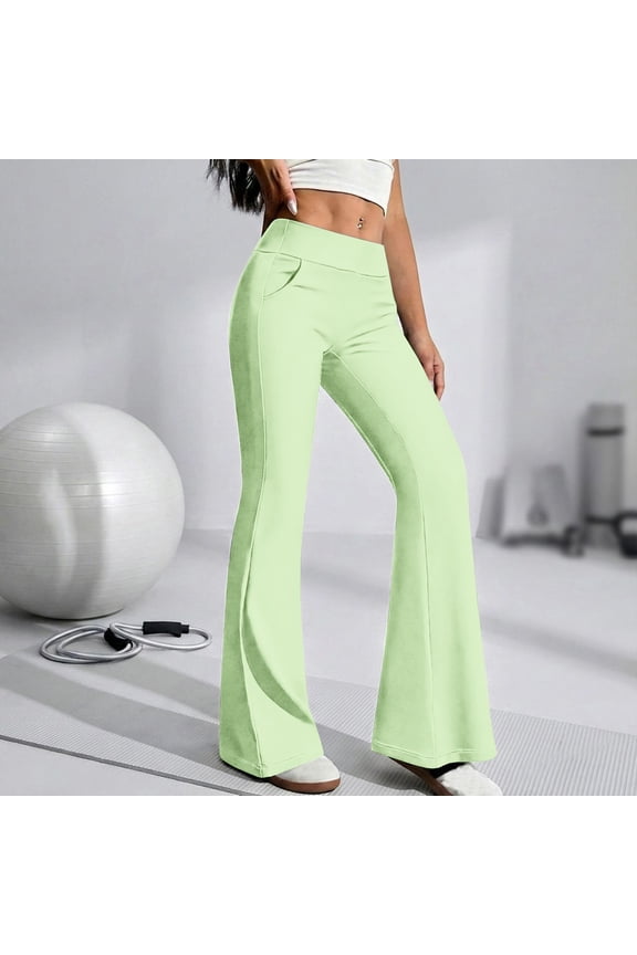 Womens High Waist Flare Leggings With Pockets Butt Lifting Tummy Control Yoga Pants Petite Beach Clothes Casual Summer Travel Workout Wide Leg Lounge Pants, Light Green, S