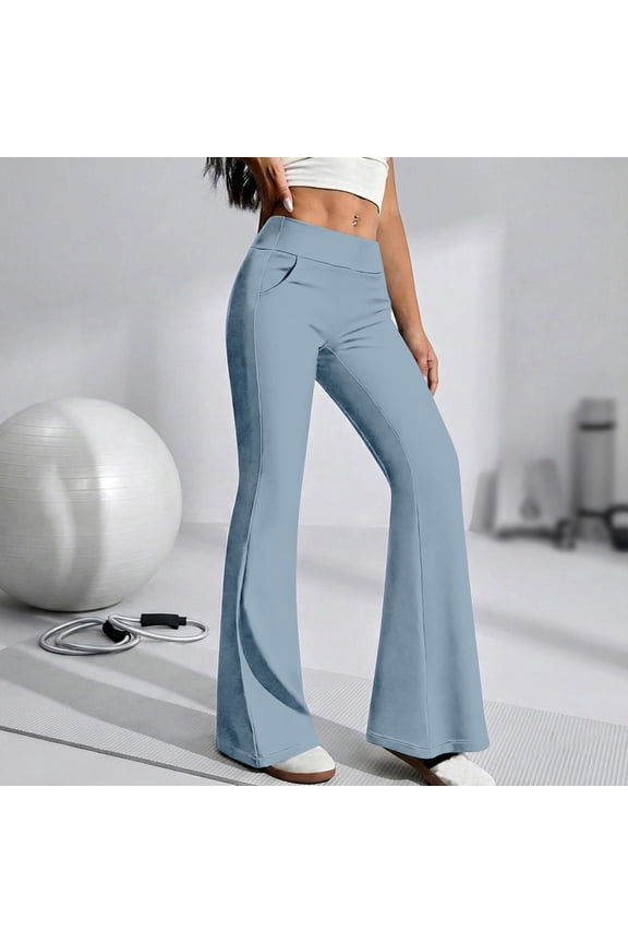 Womens High Waist Flare Leggings With Pockets Butt Lifting Tummy Control Yoga Pants Petite Beach Clothes Casual Summer Travel Workout Wide Leg Lounge Pants, Light Blue, S