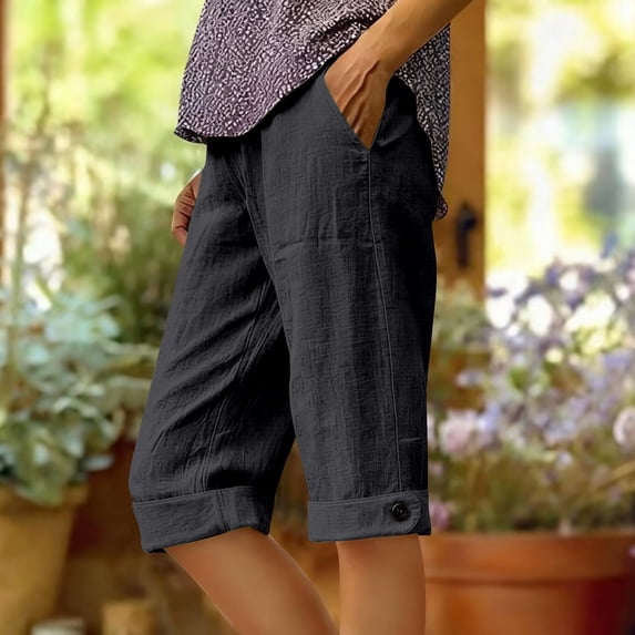 Siminsem Womens Jean Shorts Cotton Linen Blend 5 Pocket Cuffed Denim Shorts High Waisted Elastic Drawstring Casual Summer Beach Vacation Five Point Pants with Pockets, Dark Gray, S