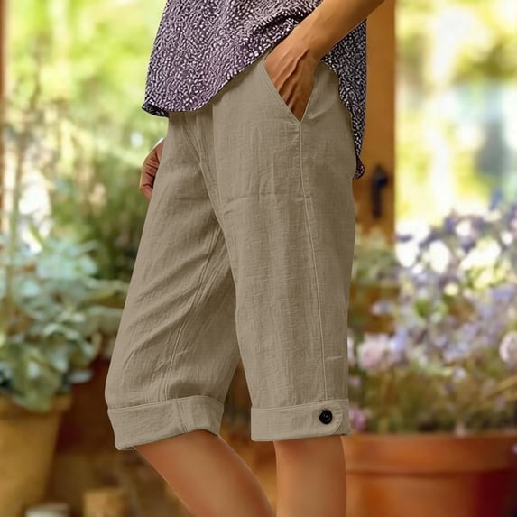 Siminsem Womens Jean Shorts Cotton Linen Blend 5 Pocket Cuffed Denim Shorts High Waisted Elastic Drawstring Casual Summer Beach Vacation Five Point Pants with Pockets, Khaki, M