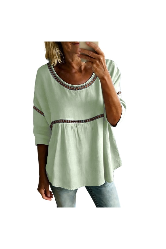 Womens Lace Patch 3/4 Length Sleeve Tops Round Neck Loose Fit Casual Blouses Spring Summer 2026 Trendy Dressy Work Outfits Travel Tops, Light Green, M