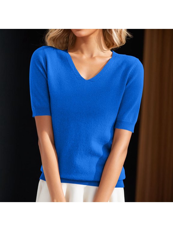 Womens Summer V Neck T Shirts Casual Short Sleeve Flowy Tops Loose Fit Basic Tees Cute Lightweight Blouses 2026 Trendy Spring Outfits Clothes, Blue, XL