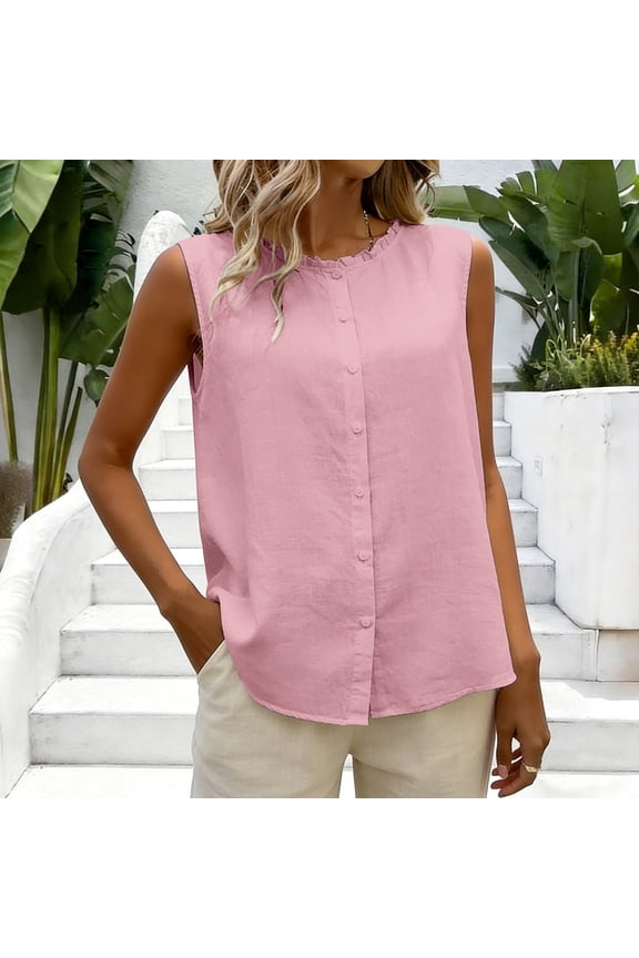 Womens Two Way Sleeveless Blouse Reversible Top V Neck Scoop Solid Color Linen Blend Cotton Loose Fit 2026 Summer Back Closure Draped Casual Shirt, Pink, 4XL