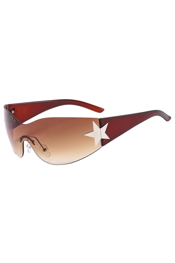 Y2K Aviator Sunglasses for Women, Trendy Star Shape Rimless Sun Glasses, One Piece Lens UV Protection Retro Punk Shades, Coffee, One Size