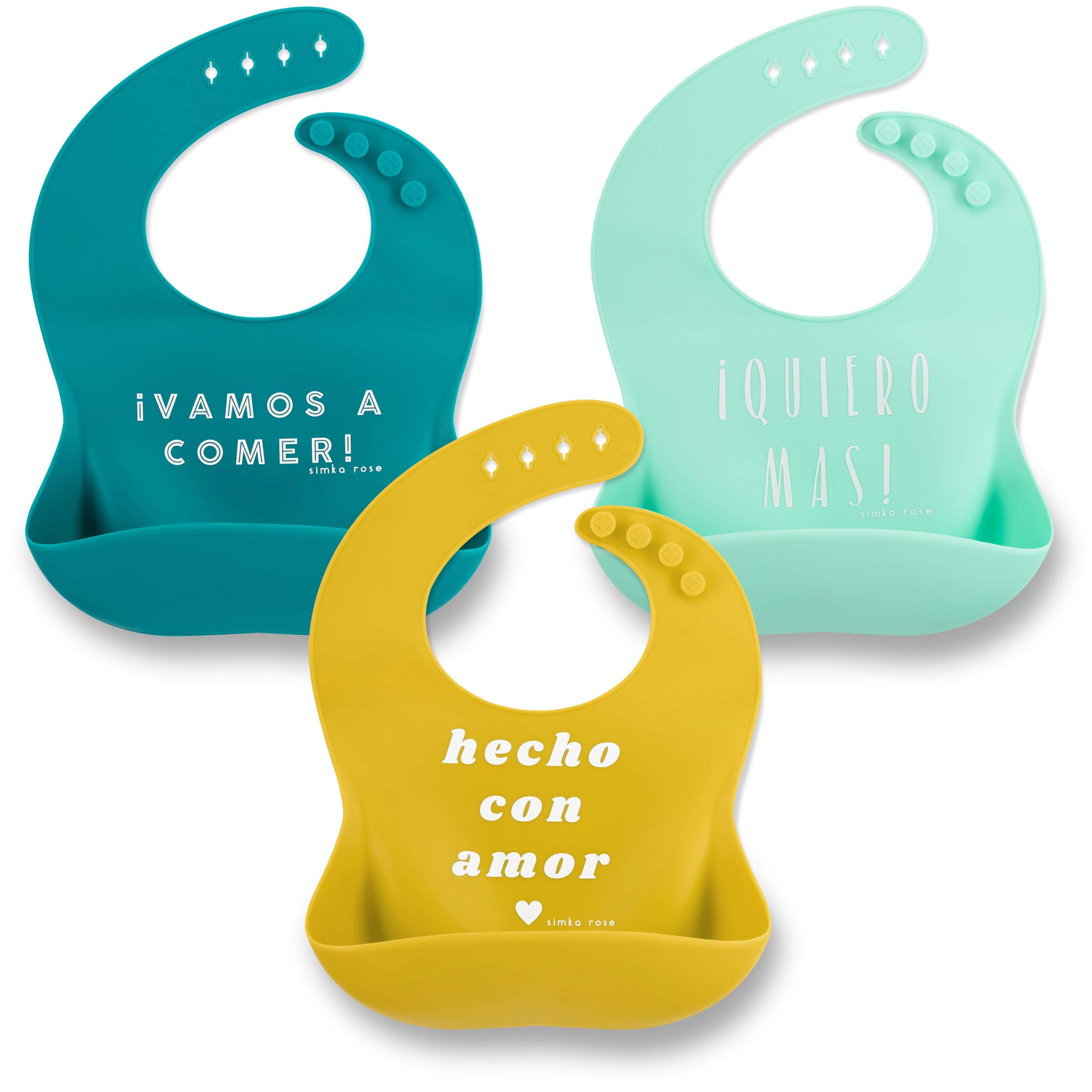 Simka Rose Silicone Baby Bibs - Waterproof Bib Set, Emerald/Gold/Mint