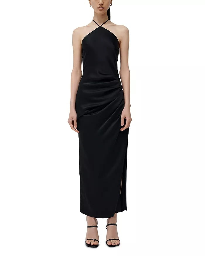 satin floral ombre halter neck cowl back maxi dress Bebe Women's Printed Satin Cowl Maxi Dress, Size Medium in Beige Polyester