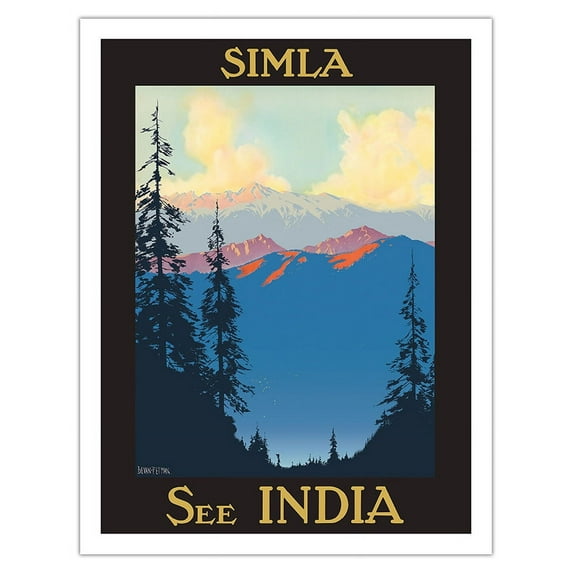 Simla - See India - Himalayas Mountains At Sunset - Vintage Travel Poster by Hal Bevan-Petman c.1940s - Fine Art Matte Paper Print (Unframed) 20x26in