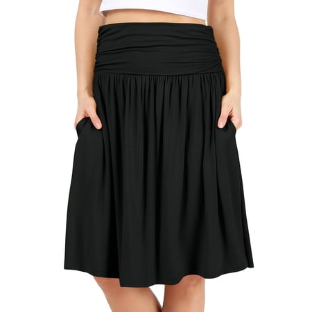 Simlu Womens Regular and Plus Size Skirt with Pockets Below The Knee Length Ruched Flowy Skirt Midi Skirt For Women