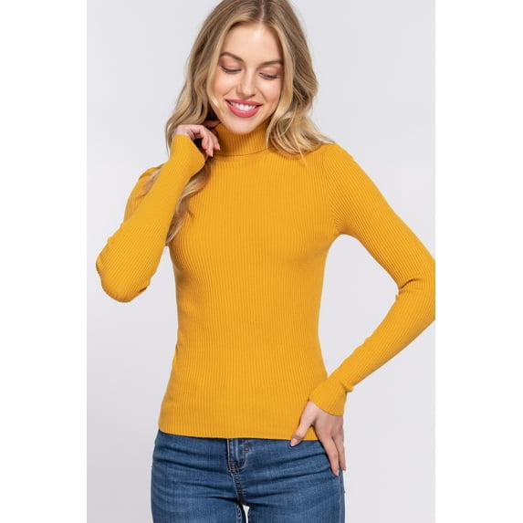 Simly Fashion Actve Long Sleeve TURTLE NECK Fitted Basic Viscose Rib Sweater D.MUSTARD,MEDIUM