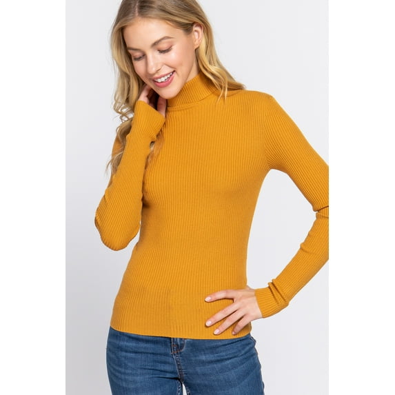 Simly Fashion Actve Long Sleeve TURTLE NECK Fitted Basic Viscose Rib Sweater MUSTARD ,MEDIUM
