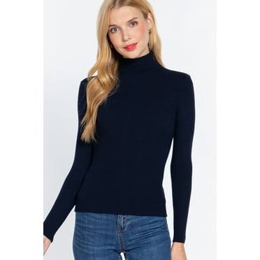 Simly Fashion Actve Long Sleeve TURTLE NECK Fitted Basic Viscose Rib Sweater NAVY,MEDIUM