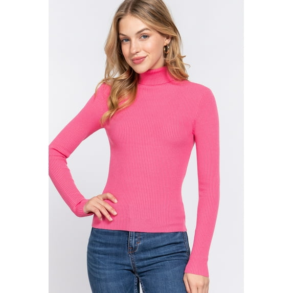 Simly Fashion Actve Long Sleeve TURTLE NECK Fitted Basic Viscose Rib Sweater PINK,LARGE