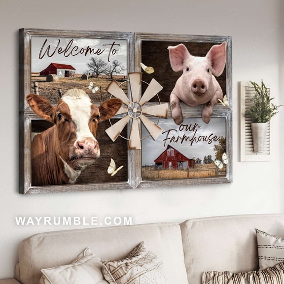 Simmental Cow Pig Drawing Old Windmill Welcome To Our Farmhouse - Jesus Landscape Poster Prints Christian Wall Art