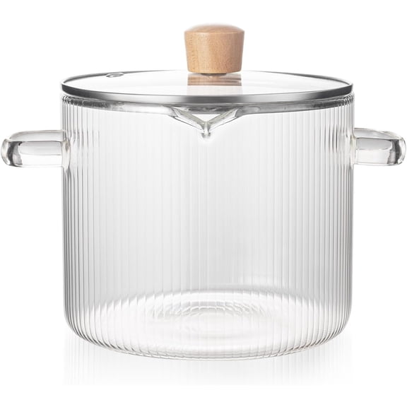 Simmer Pot with Lid, 2.3L Heat Resistant Borosilicate Glass Saucepan for Low Heat Cooking, Perfect Ribbed Pot for Making Pasta Sauce, Soup, Milk, Melting Chocolate & Preparing Baby Food