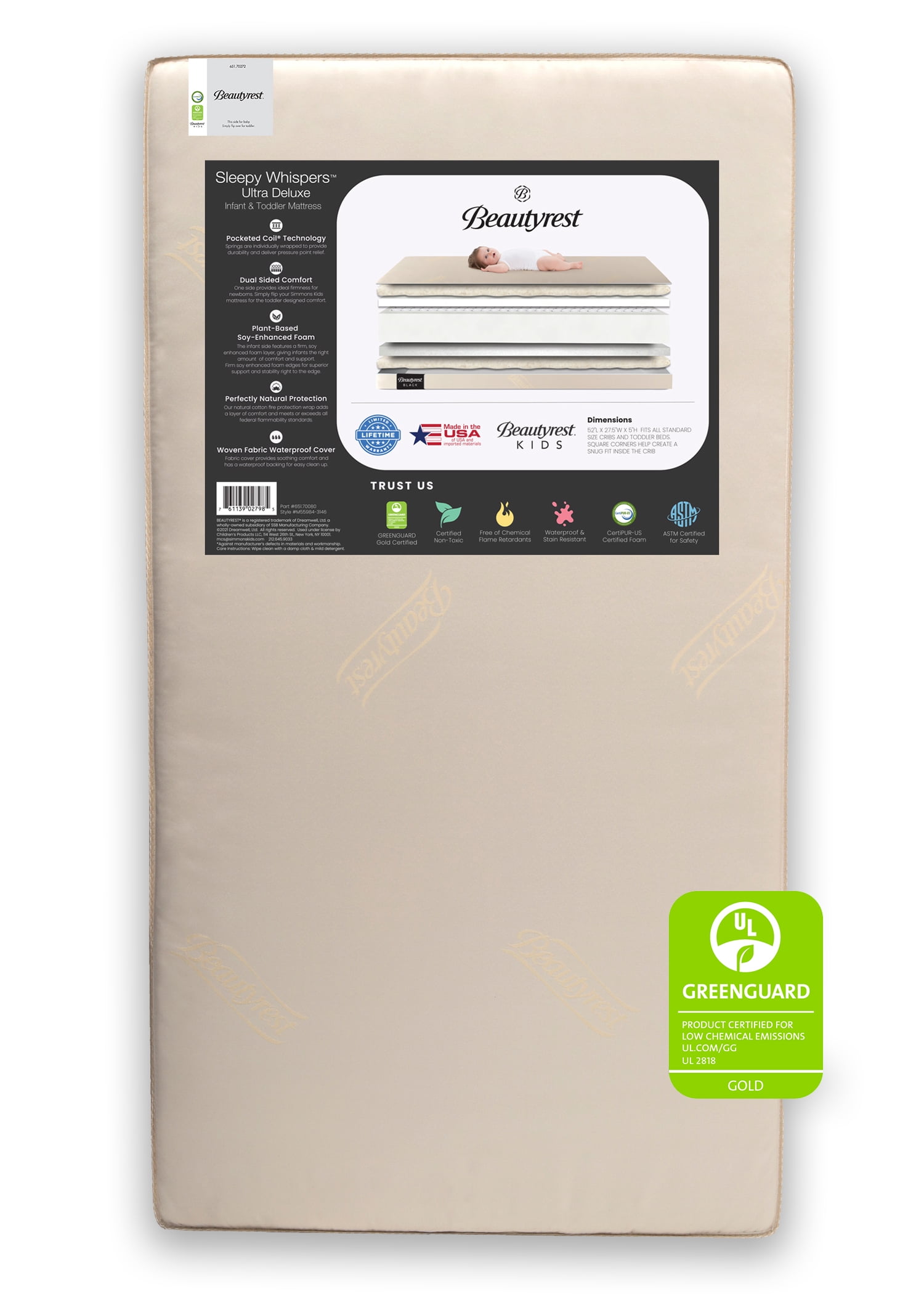 Beautyrest Beginnings Sleepy Whispers Ultra Deluxe 2-in-1 Innerspring Crib and Toddler Mattress - Waterproof - GREENGUARD Gold Certified (Natural/Non-Toxic)