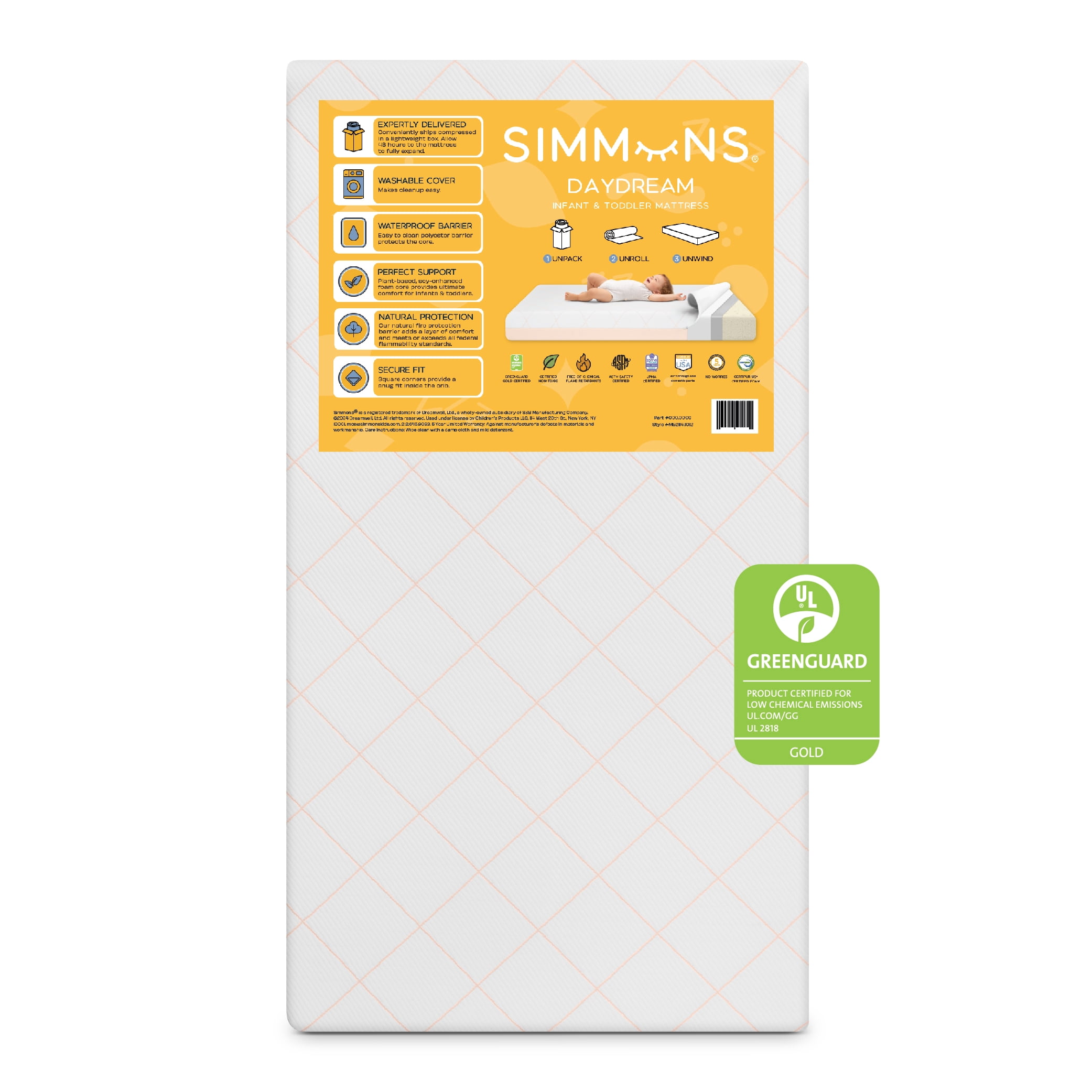 Simmons Kids Daydream 2-Sided Crib and Toddler Mattress GREENGUARD Gold Certified, CertiPUR-US Certified Foam, Breathable Machine Washable Cover, Waterproof Barrier, White