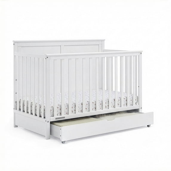 Simmons Kids Logan 6-in-1 Convertible Crib w/ Drawer, Greenguard Gold Certified, Converts to Toddler Bed, Daybed, Sofa & Full-Size Bed w/ & w/o Headboard, Fits Standard Crib Mattress, Bianca White