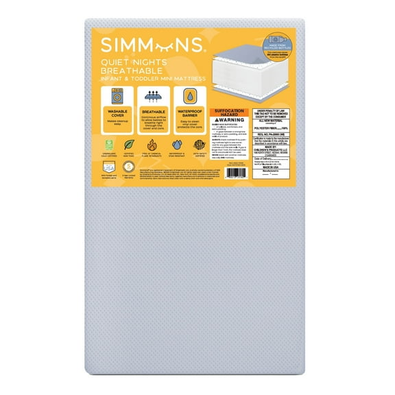 Simmons Kids Quiet Nights Breathable 4-inch Mini Crib Mattress with Removable/Machine Washable Cover - GREENGUARD Gold Waterproof - Sustainably Sourced Core Fiber Core, Blue