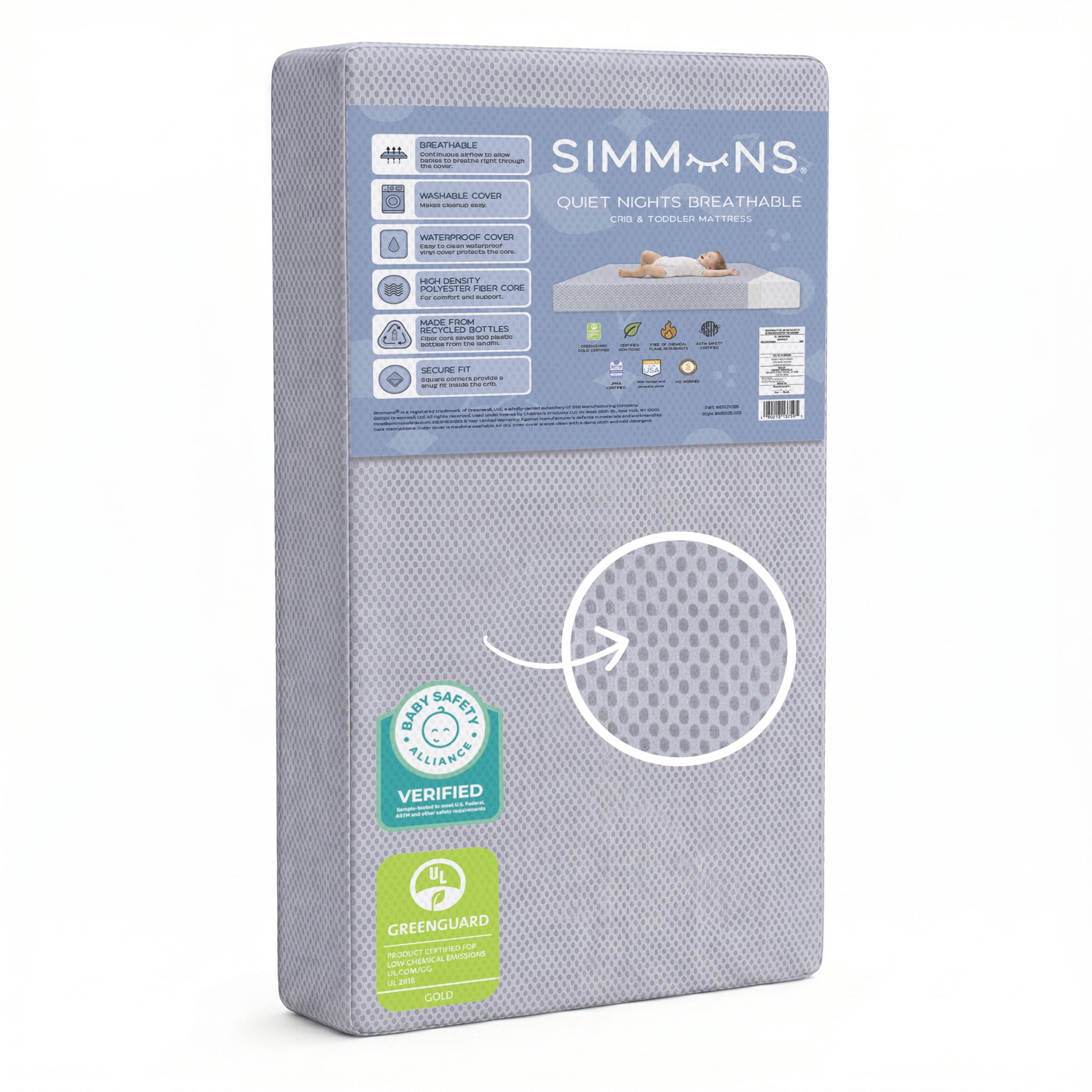 Simmons Kids Quiet Nights Breathable Baby Bed Crib Mattress and Toddler Mattress with Removable/Machine Washable Cover - GREENGUARD Gold – Waterproof - Sustainably Sourced Core Fiber Core, Blue