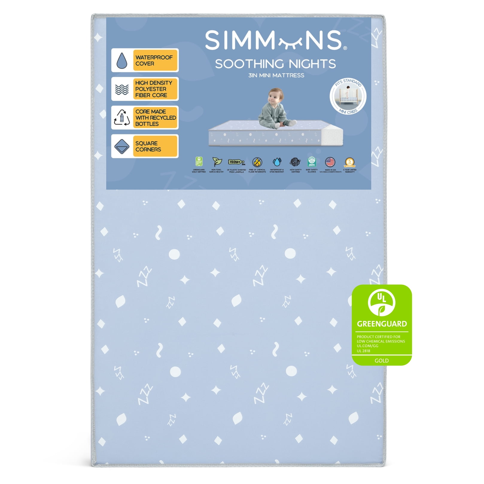 Simmons Kids Soothing Nights 3-inch Mini/Portable Crib Mattress - Sustainably Sourced Fiber Core - Waterproof - GREENGUARD Gold Certified - 5 Year Warranty | Does Not Contain Toxic Fire Retardants