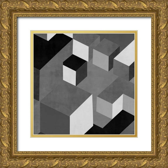 Simmons, Todd 12x12 Gold Ornate Wood Framed with Double Matting Museum Art Print Titled - Cubic in Grey I