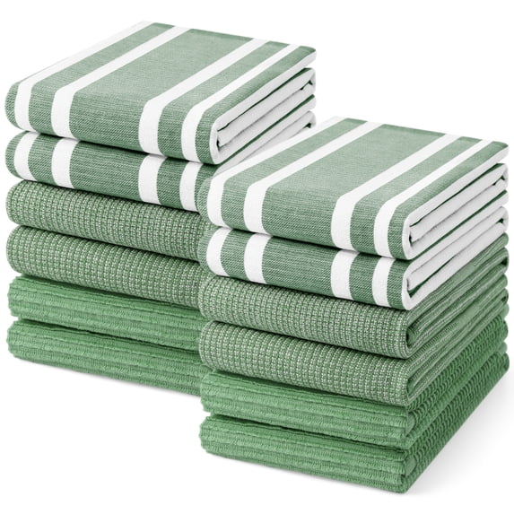 Simmore 18x28 Cotton Kitchen Towels 12-Pack, Soft Absorbent Dish Cloths for Washing Dishes Multipurpose Dish Towels Set for Kitchen with Hanging Loop, Grass Green