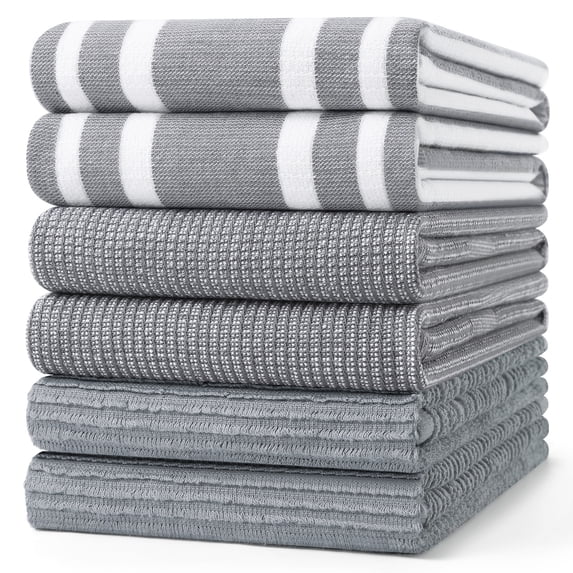 Simmore 18x28 Cotton Kitchen Towels 6-Pack, Soft Absorbent Dish Cloths for Washing Dishes Multipurpose Dish Towels Set for Kitchen with Hanging Loop, Grey