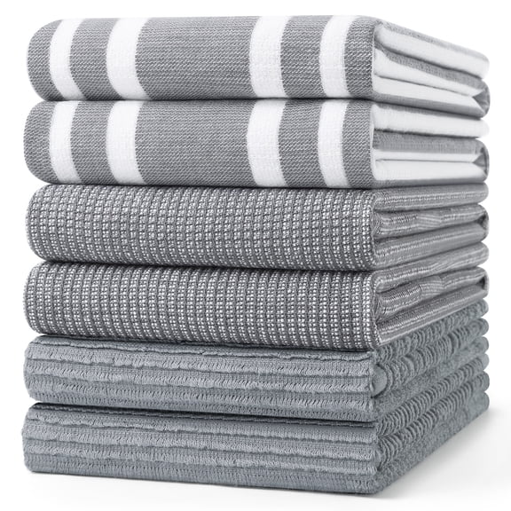 Simmore 18x28 Cotton Kitchen Towels 6-Pack, Soft Absorbent Dish Cloths for Washing Dishes Multipurpose Dish Towels Set for Kitchen with Hanging Loop, Grey