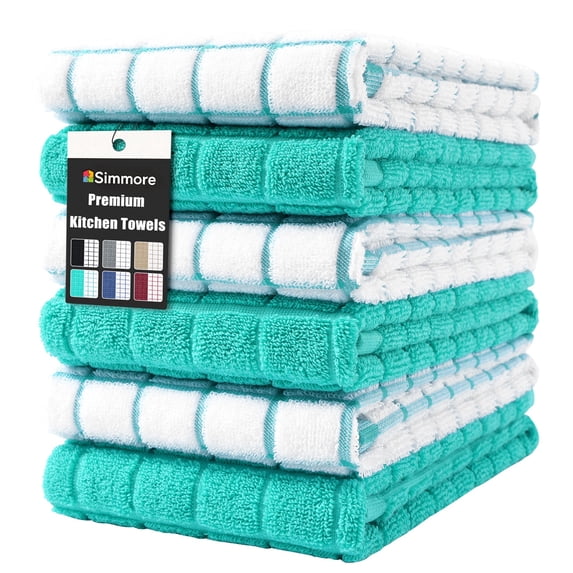 Simmore 100% Cotton Terry Kitchen Towels, Super Soft Absorbent Dish Towels and Dish Cloths for Kitchen Washing and Drying, 6-Piece Set, 16x28 Inches, Aqua