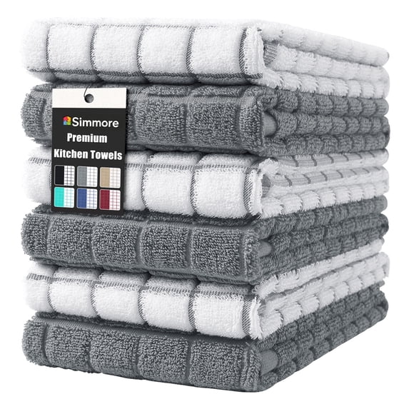 Simmore 100% Cotton Terry Kitchen Towels, Super Soft Absorbent Dish Towels and Dish Cloths for Kitchen Washing and Drying, 6-Piece Set, 16x28 Inches, Grey