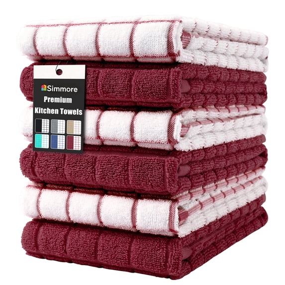 Simmore 100% Cotton Terry Kitchen Towels, Super Soft Absorbent Dish Towels and Dish Cloths for Kitchen Washing and Drying, 6-Piece Set, 16x28 Inches, Red