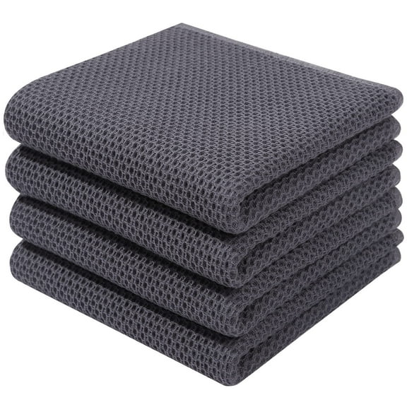 Simmore 100% Cotton Waffle Weave Dish Towels and Dishcloths, Super Soft and Highly Absorbent Dish Towels and Towels Set, 13x28 Inches, 4-Pack, Dark Gray
